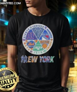 Alt Text: Awesome New York Mets, Knicks, Giants, and Rangers mashup logo t-shirt showcasing New York sports team pride.