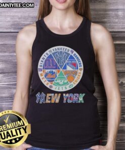 Awesome New York Mets, Knicks, Giants, and Rangers mashup logo tank top showcasing NYC sports team pride.