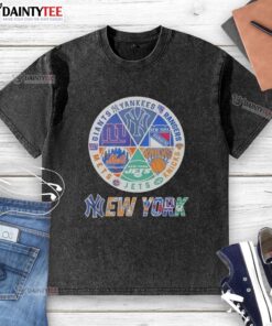 Alt Text: Awesome New York Mets, Knicks, Giants, and Rangers mashup logo on a washed t-shirt, perfect for NYC sports fans.