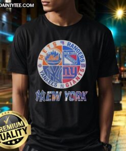 Alt Text: Awesome New York Mets, Rangers, Yankees, Giants mashup logo t-shirt showcasing iconic NYC sports teams in vibrant design.