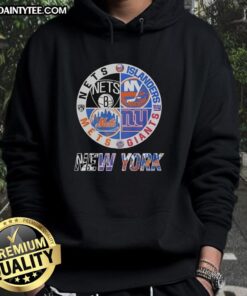 Awesome New York Nets, Islanders, Mets, and Giants mashup logo hoodie featuring bold team designs and vibrant colors.