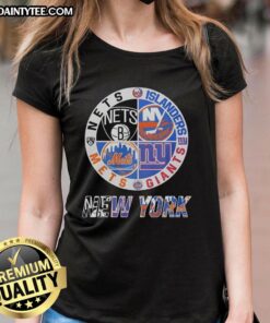 Awesome New York Nets, Islanders, Mets, Giants mashup logo on a ladies tee, perfect for NYC sports fans.