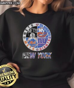 Alt Text: Awesome New York Nets Islanders Mets Giants mashup logo sweatshirt showcasing iconic NYC sports teams.