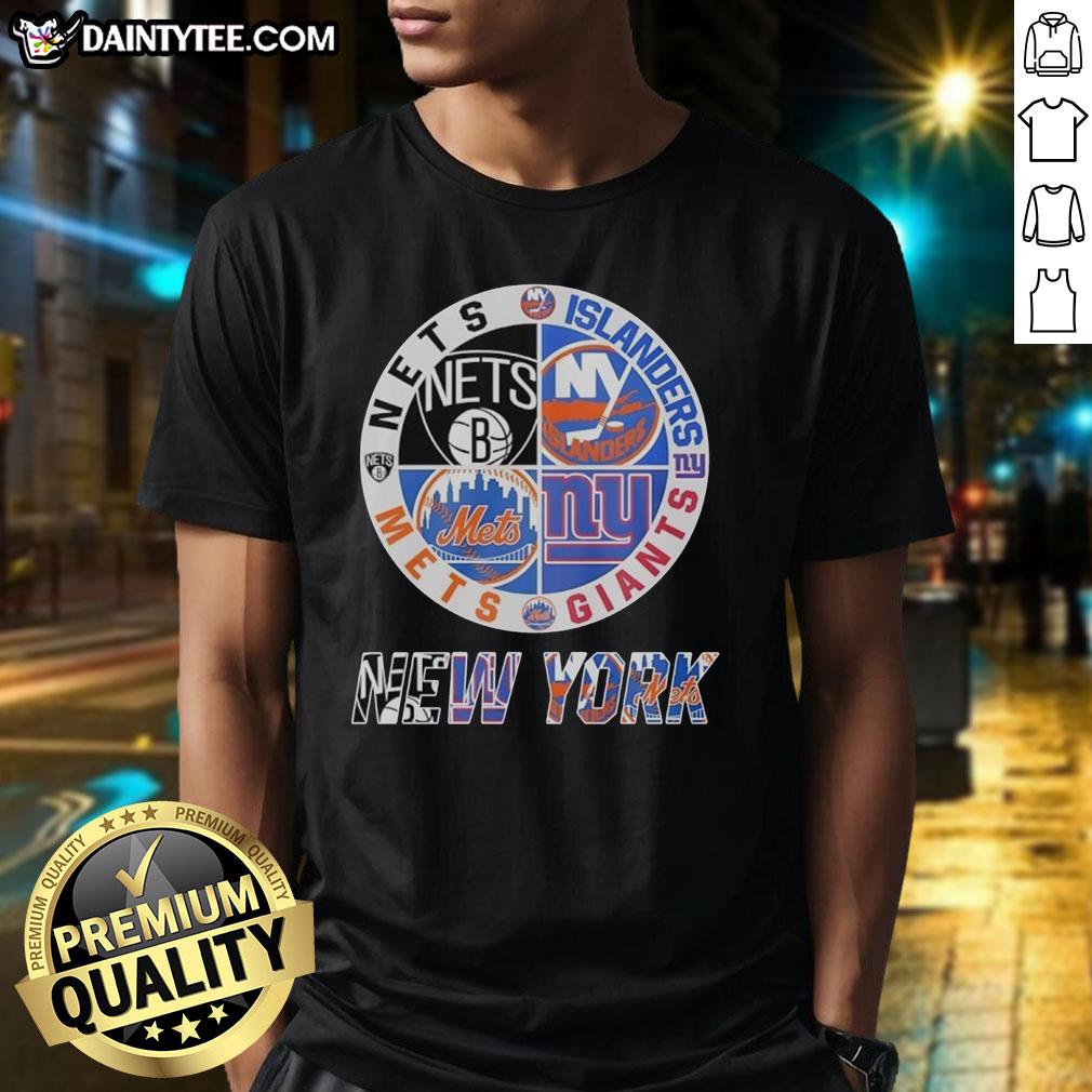 awesome-new-york-nets-new-york-islanders-new-york-mets-new-york-giants-mashup-logo-t-shirt Awesome New York Nets, Islanders, Mets, and Giants logo mashup T-shirt showcasing team spirit and sports fandom.