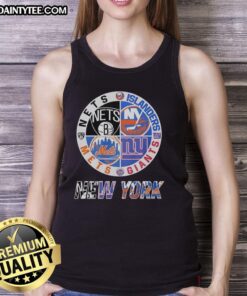 Alt Text: Stylish mashup logo tank top featuring New York Nets, Islanders, Mets, and Giants for sports fans and fashion lovers.