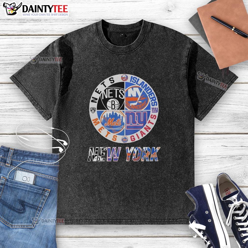 awesome-new-york-nets-new-york-islanders-new-york-mets-new-york-giants-mashup-logo-washed-t-shirt Alt Text: Awesome New York Nets, Islanders, Mets, Giants mashup logo on a washed t-shirt, perfect for NYC sports fans.