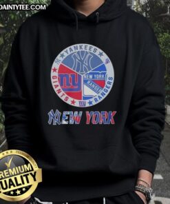 Awesome New York Yankees, Rangers, and Giants mashup logo hoodie showcasing vibrant team colors and unique design.