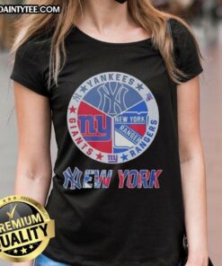Awesome New York Yankees, Rangers, and Giants mashup logo on a stylish ladies tee for sports fans.