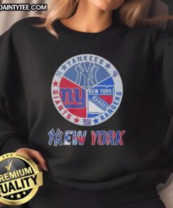 Awesome New York Yankees, Rangers, Giants mashup logo sweatshirt showcasing iconic NYC sports team designs.