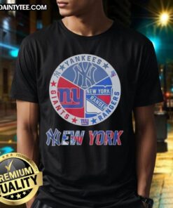 Alt Text: Awesome New York Yankees, Rangers, and Giants mashup logo t-shirt showcasing vibrant team colors and designs.