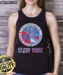 Awesome New York Yankees, Rangers, Giants mashup logo tank top featuring iconic team colors and designs.