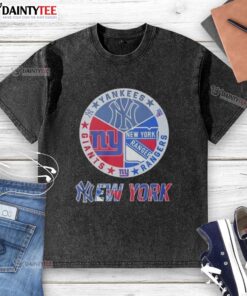 Alt Text: Awesome New York Yankees, Rangers, and Giants mashup logo on a washed t-shirt, perfect for sports fans.