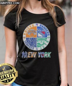 Awesome New York Yankees, Rangers, Jets, and Knicks mashup logo on a ladies tee showcasing NYC sports pride.