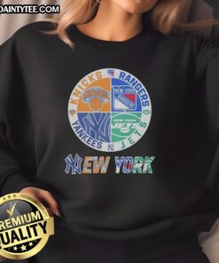 Awesome New York Yankees, Rangers, Jets, Knicks mashup logo sweatshirt featuring iconic team logos in vibrant colors.