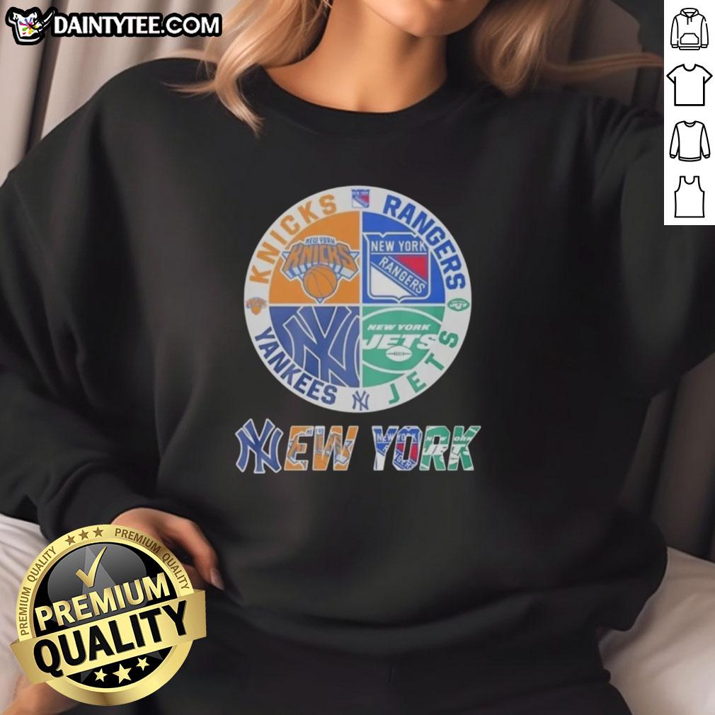 awesome-new-york-yankees-new-york-rangers-new-york-jets-new-york-knicks-mashup-logo-sweatshirt Awesome New York Yankees, Rangers, Jets, Knicks mashup logo sweatshirt featuring iconic team logos in vibrant colors.