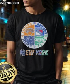 Alt Text: Awesome New York Yankees, Rangers, Jets, Knicks mashup logo t-shirt showcasing NYC sports team pride.