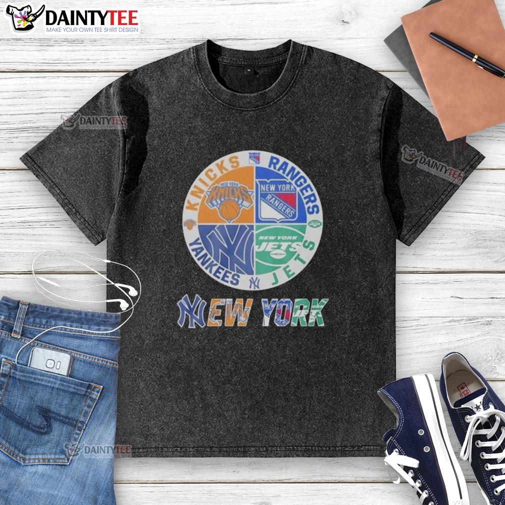 awesome-new-york-yankees-new-york-rangers-new-york-jets-new-york-knicks-mashup-logo-washed-t-shirt Alt Text: Awesome New York Yankees, Rangers, Jets, and Knicks mashup logo on a stylish washed t-shirt.