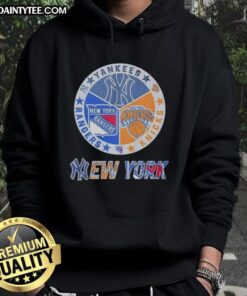 Awesome New York Yankees, Rangers, and Knicks mashup logo hoodie showcasing team pride and style.