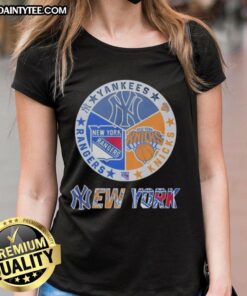 Awesome New York Yankees, Rangers, and Knicks mashup logo on a ladies tee, perfect for NYC sports fans.