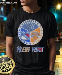 Alt Text: Awesome New York Yankees, Rangers, and Knicks mashup logo T-shirt design showcasing iconic team symbols.