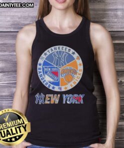 Awesome New York Yankees, Rangers, and Knicks mashup logo tank top showcasing team spirit in stylish design.