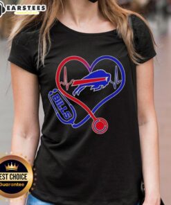 Alt Text: Awesome nurse love Buffalo Bills ladies tee featuring team colors and heart design, perfect for game day.