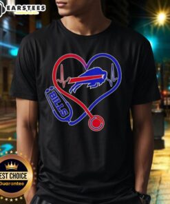 Awesome Nurse Love Buffalo Bills T-Shirt featuring a heart design and team colors, perfect for sports-loving healthcare workers.