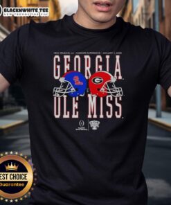Awesome Ole Miss Rebels vs. Georgia Bulldogs 2026 Allstate Sugar Bowl helmet matchup T-shirt featuring team logos.