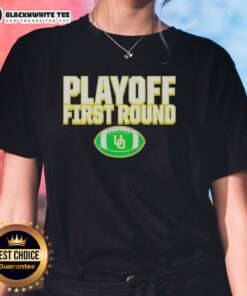 Awesome Oregon Ducks 2025 CFP First Round Winner Ladies Tee showcasing team pride and vibrant design for fans.
