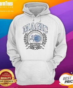Alt Text: Retro hoodie featuring the Orlando Magic NBA logo framed by a laurel wreath, perfect for basketball fans.