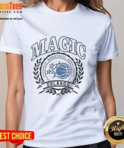 Alt Text: Retro Orlando Magic NBA logo in a laurel wreath frame on a ladies tee, perfect for basketball fans.