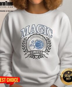 Orlando Magic NBA logo in a laurel wreath frame on a retro sweatshirt, showcasing team spirit and style.