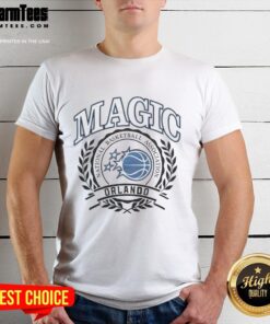 Retro Orlando Magic NBA logo T-shirt with laurel wreath frame, perfect for basketball fans and collectors.