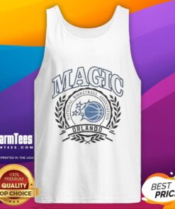 Retro Orlando Magic NBA logo tank top with laurel wreath frame, perfect for basketball fans and stylish summer wear.