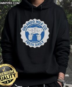 Awesome Orlando Milk Co. Fresh Daily hoodie featuring 100% organic logo, imported from Germany, stylish and eco-friendly.