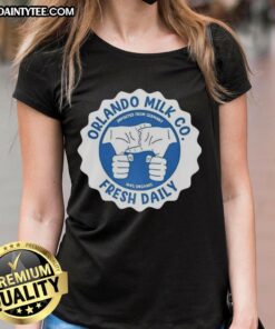Awesome Orlando Milk Co. 100% Organic logo on a ladies tee, fresh daily and imported from Germany.