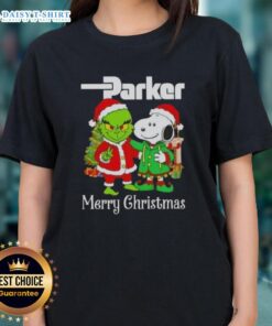 Awesome Parker Hannifin X Grinch and Snoopy Merry Christmas ladies tee featuring festive graphics and vibrant colors.