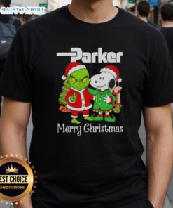Alt Text: Awesome Parker Hannifin X Grinch and Snoopy Merry Christmas T-Shirt featuring festive graphics for holiday cheer.