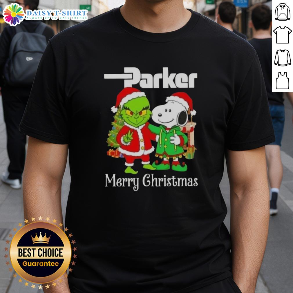 Awesome Parker Hannifin X Grinch And Snoopy Merry Christmas T Shirt Alt Text: Awesome Parker Hannifin X Grinch and Snoopy Merry Christmas T-Shirt featuring festive graphics for holiday cheer.