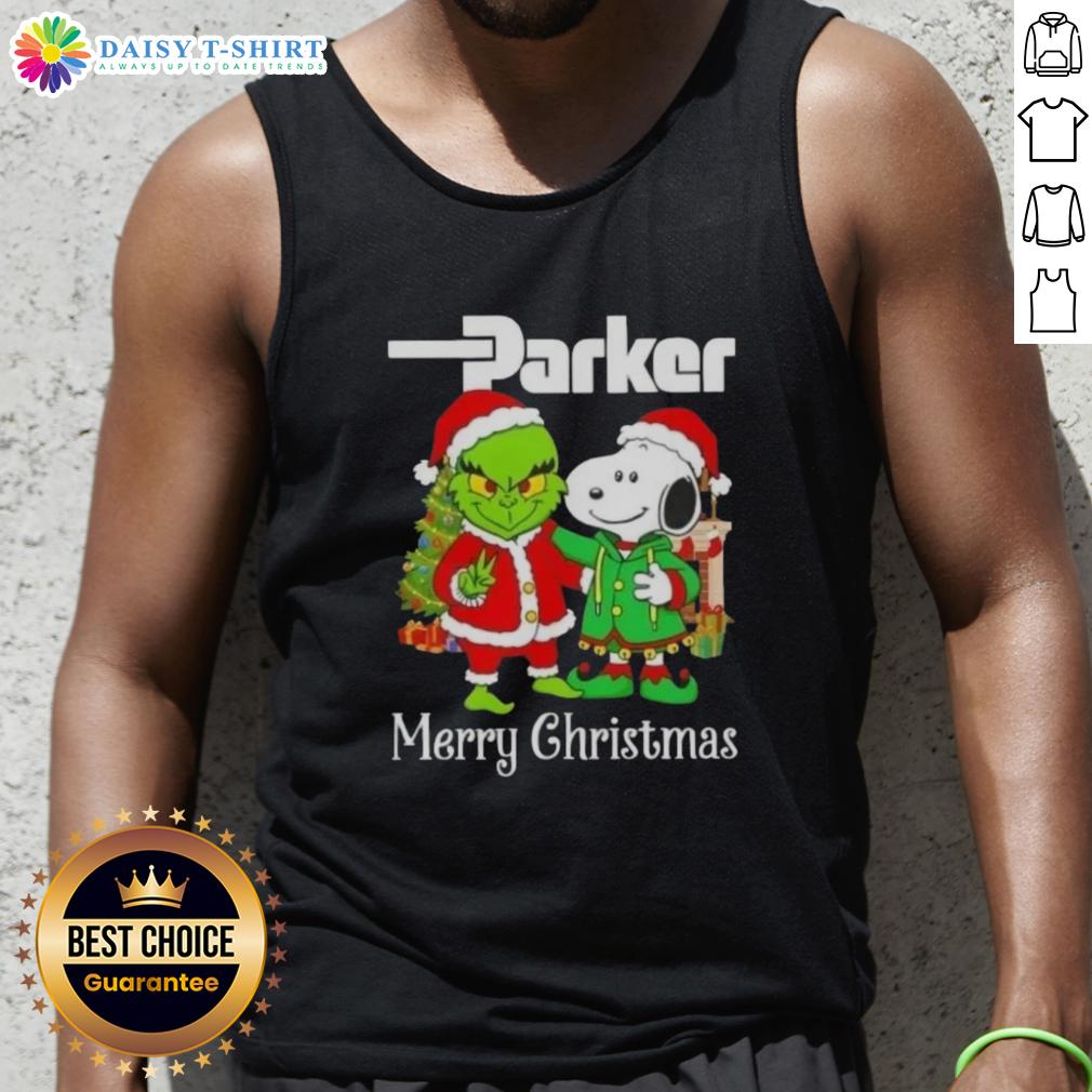 Awesome Parker Hannifin X Grinch And Snoopy Merry Christmas Tank Top Alt Text: Awesome Parker Hannifin X Grinch and Snoopy Merry Christmas tank top featuring festive holiday designs.