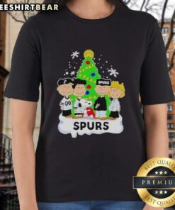Alt Text: Awesome Peanuts comic Christmas tree design on a San Antonio Spurs graphic ladies tee shirt.