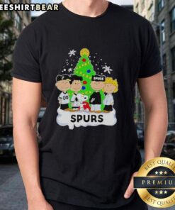 Awesome Peanuts comic Christmas tree graphic on a San Antonio Spurs t-shirt, perfect for holiday sports fans.