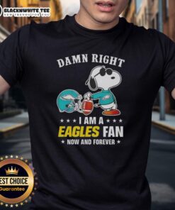 Alt Text: Awesome Peanuts Snoopy Eagles fan t-shirt featuring Snoopy with 'Damn Right I Am A Eagles Fan Now And Forever' slogan.