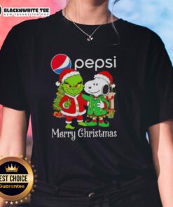 Awesome Pepsi x Grinch and Snoopy Merry Christmas ladies tee featuring festive characters in vibrant colors.