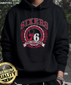 Alt Text: Retro hoodie featuring the Philadelphia 76ers NBA logo framed by a laurel wreath, perfect for basketball fans.