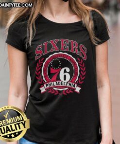 Retro Philadelphia 76ers logo in a laurel wreath frame on a ladies tee, perfect for NBA fans.