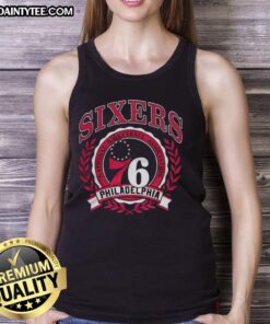Retro tank top featuring the Philadelphia 76ers NBA logo framed in a laurel wreath, perfect for fans and collectors.