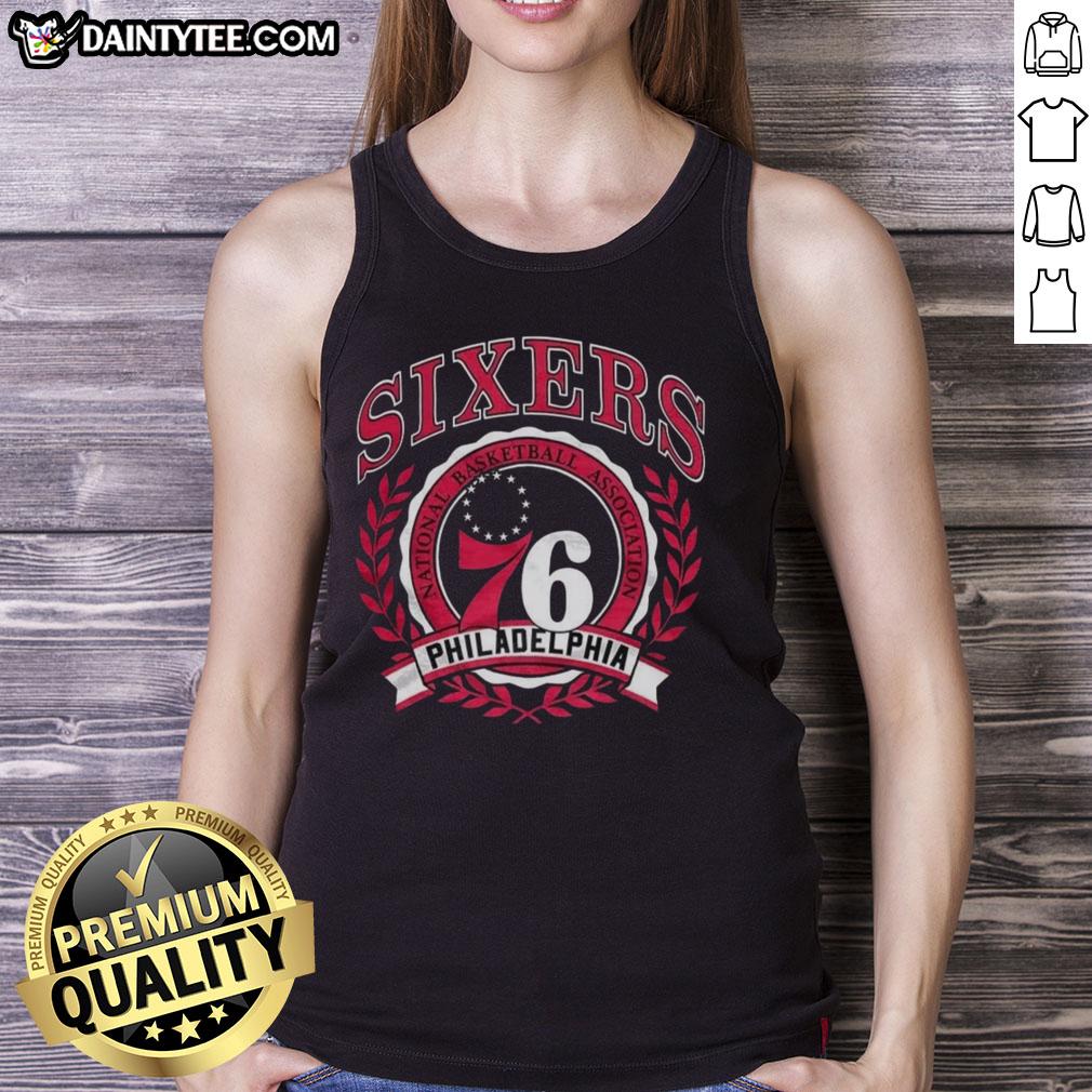 awesome-philadelphia-76ers-national-basketball-association-logo-laurel-wreath-frame-retro-tank-top Retro tank top featuring the Philadelphia 76ers NBA logo framed in a laurel wreath, perfect for fans and collectors.