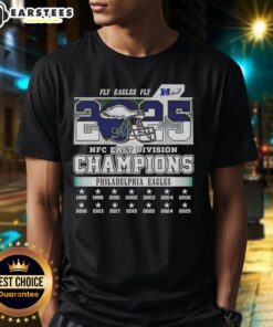 Philadelphia Eagles NFC East Division Champions 2025 T-Shirt featuring 'Fly Eagles Fly' design, perfect for fans.