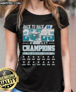 Philadelphia Eagles NFC East Champions 2025 ladies tee featuring vibrant design celebrating back-to-back victories.